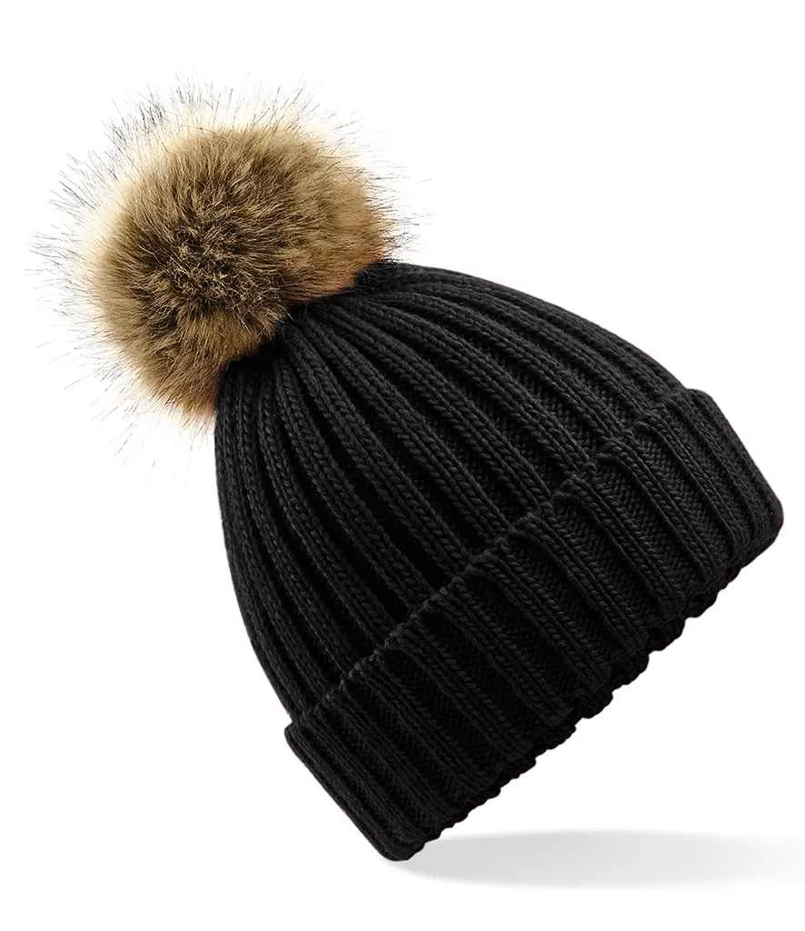 Beechfield Faux Fur Pop Pom Chunky Beanie | Black