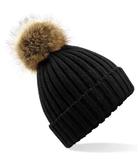 Beechfield Faux Fur Pop Pom Chunky Beanie | Black