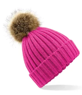 Beechfield Faux Fur Pop Pom Chunky Beanie | Fuchsia
