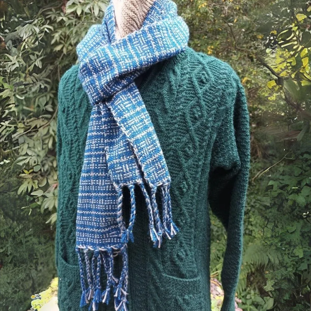 Blue & Beige Woollen Reversible Muffler With Fringes | Unisex | Loom Knit