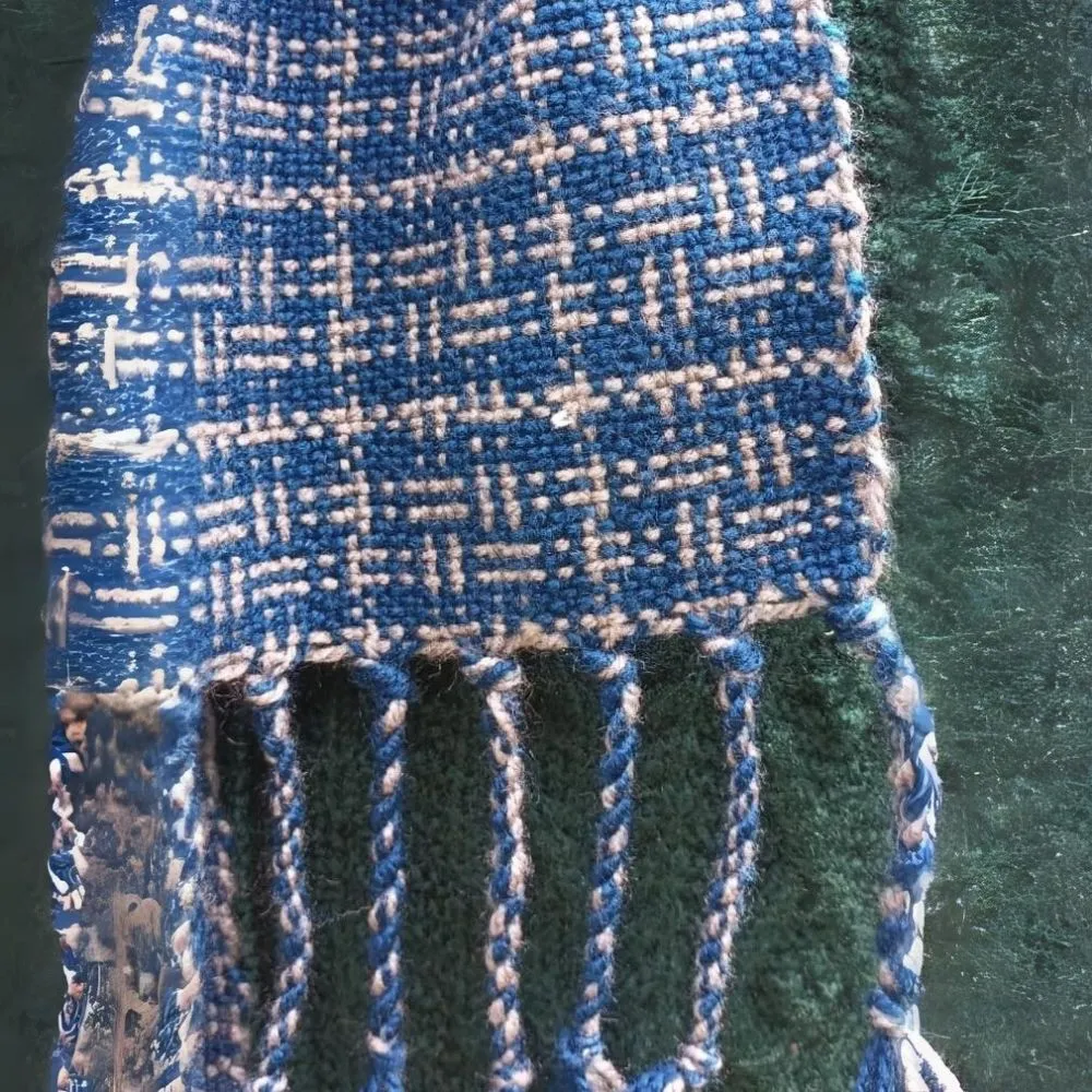 Blue & Beige Woollen Reversible Muffler With Fringes | Unisex | Loom Knit