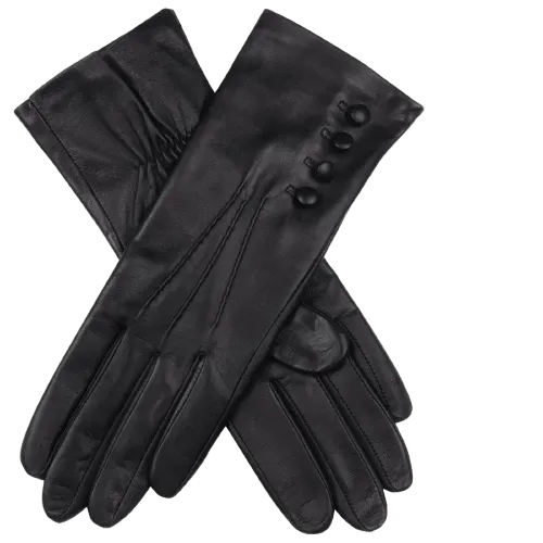 Dents Women's Touchscreen 3 Point Silk-Lined Leather Gloves with Buttons - Black