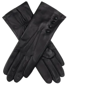 Dents Women's Touchscreen 3 Point Silk-Lined Leather Gloves with Buttons - Black