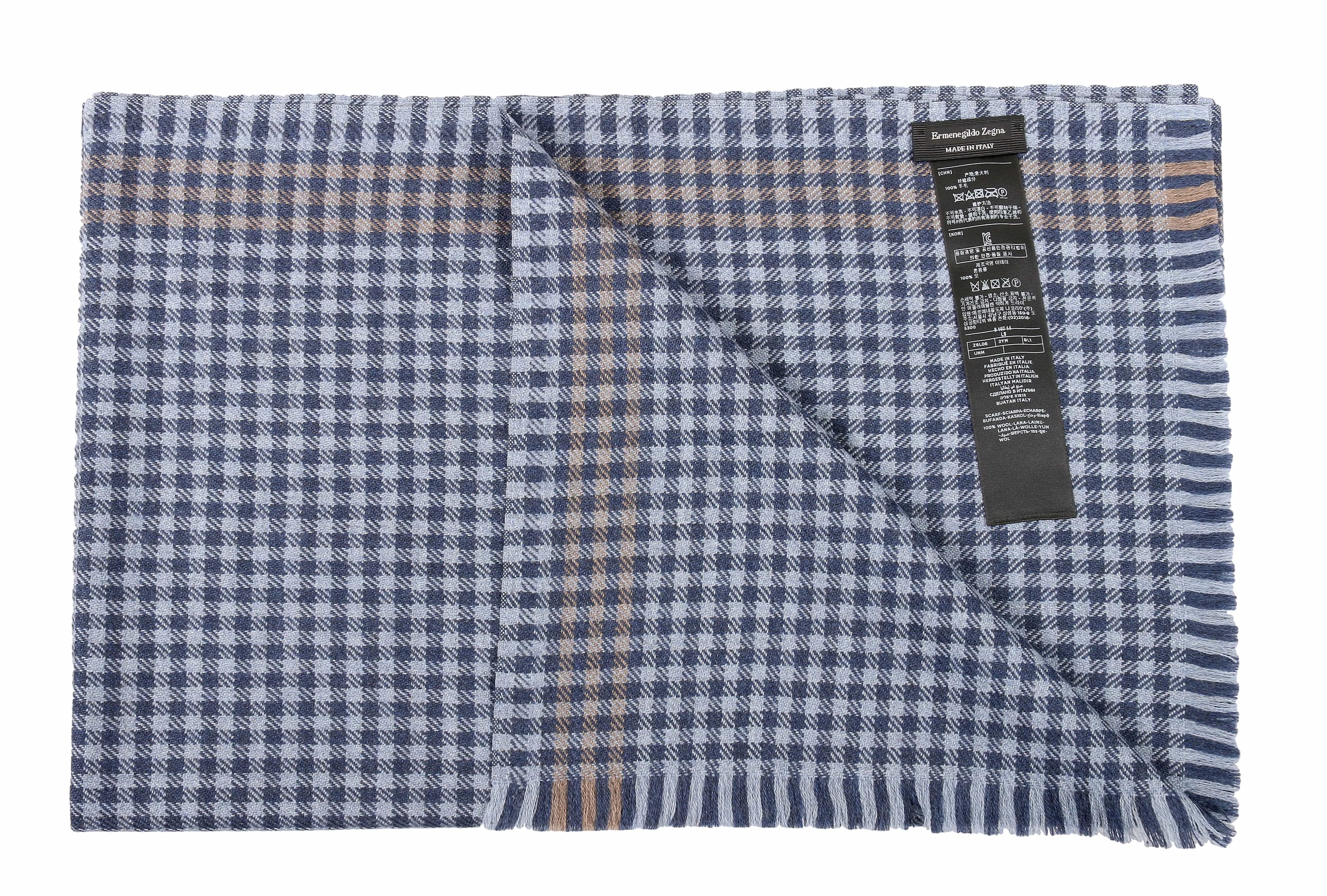 Ermenegildo Zegna Dark Blue Check Plaid Pure Wool Fringe Scarf