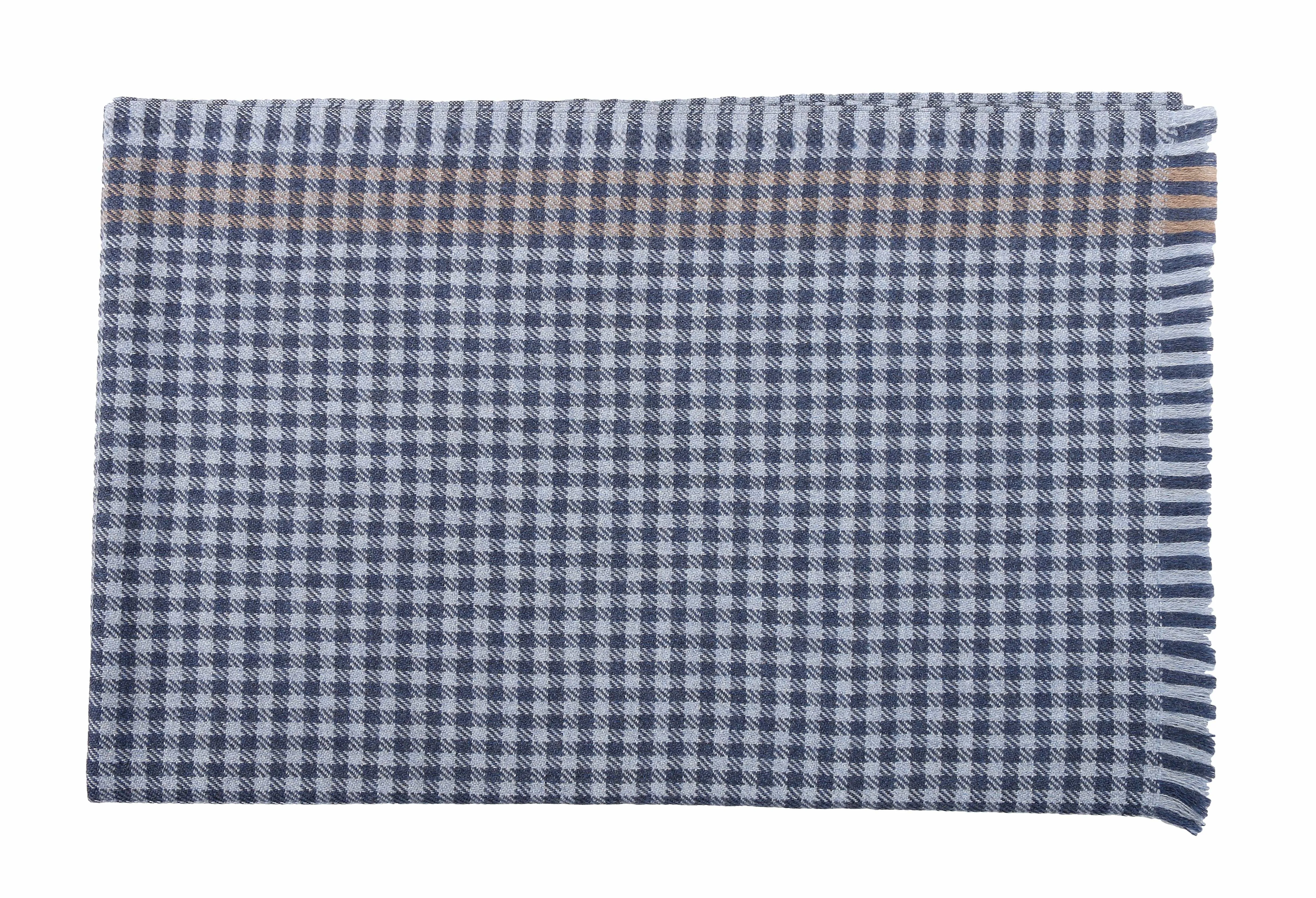 Ermenegildo Zegna Dark Blue Check Plaid Pure Wool Fringe Scarf