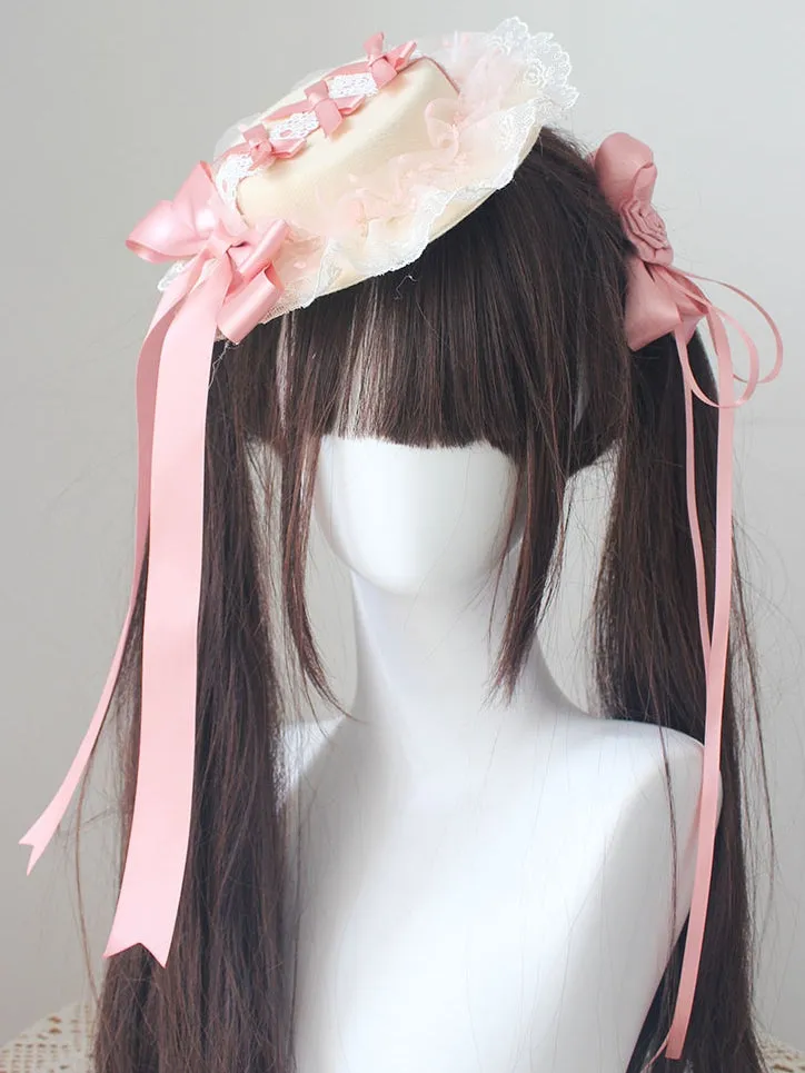 Pink Bowknot details lace trim Beige Flat Hat